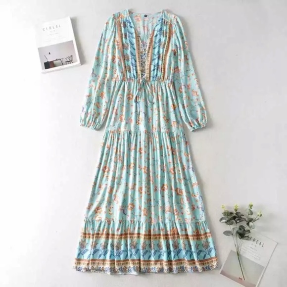 Bohemian Floral Light Blue Long Sleeve Dress - Picture 3 of 13
